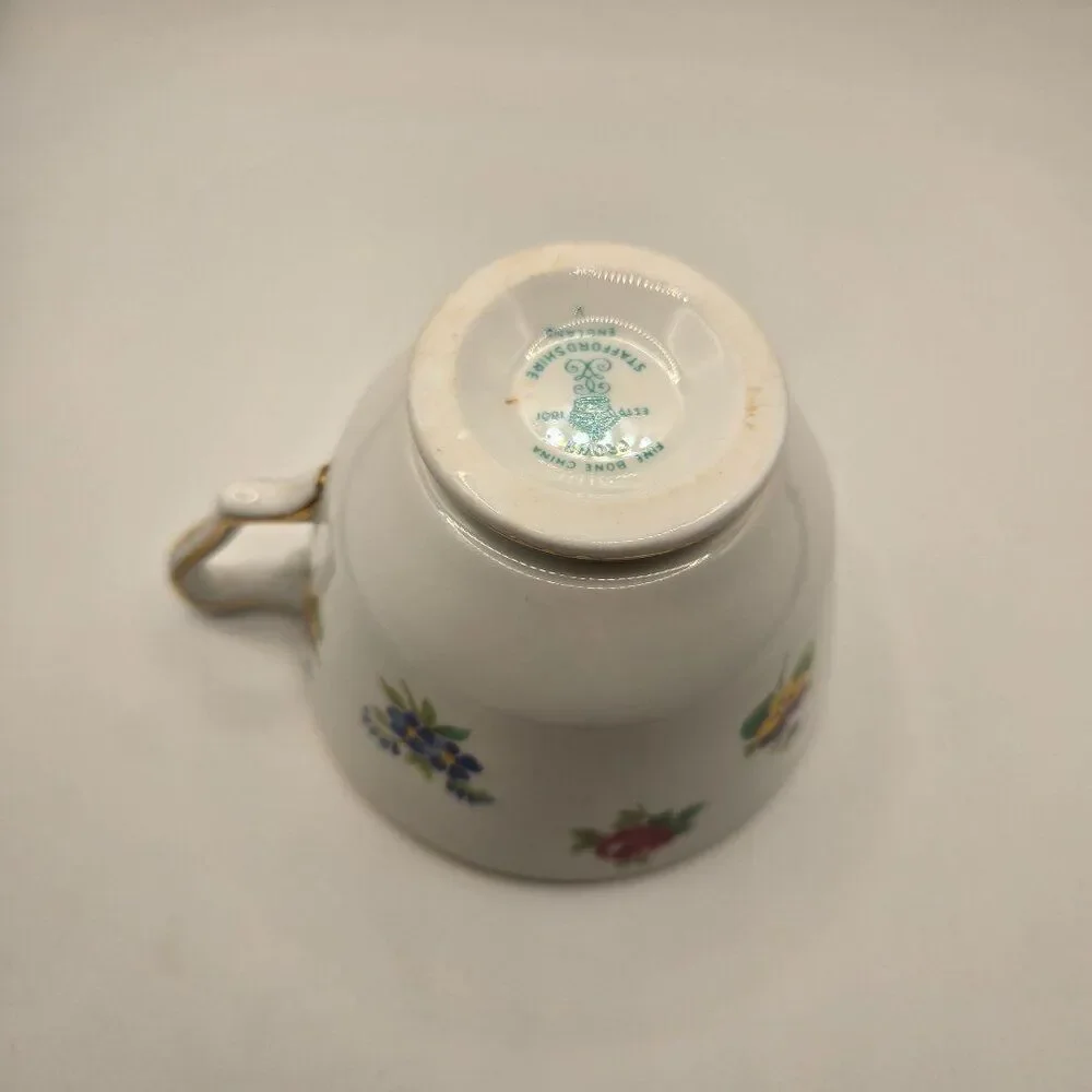 Vintage Bone China Tea Cup Saucer Crown Staffordshire England Floral Gold Trim